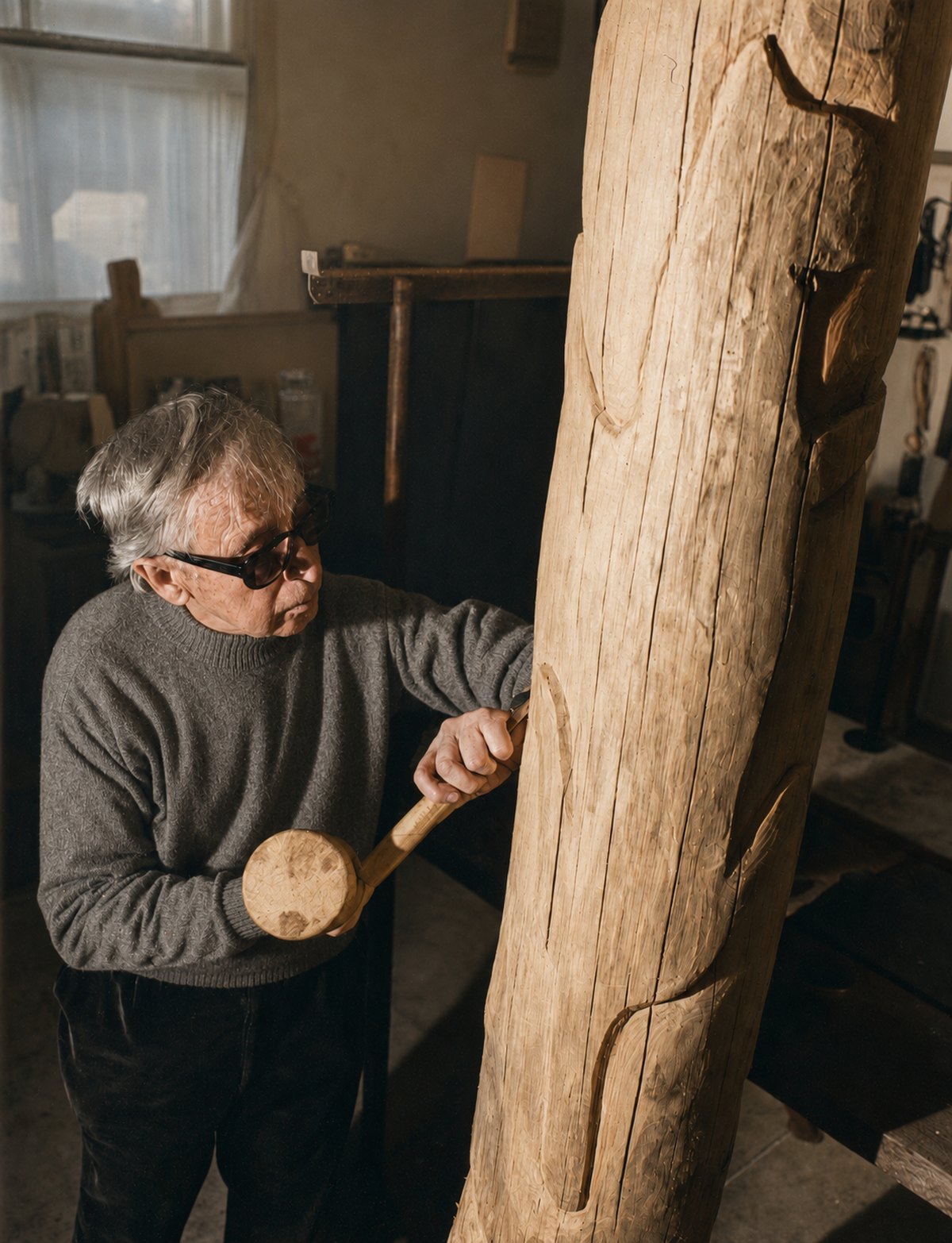 Hans Jakob Meyer in his studio in Feldmeilen, carving a wooden sculpture.