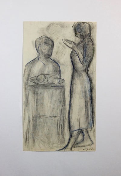 Zwei Figuren mit Obstschale